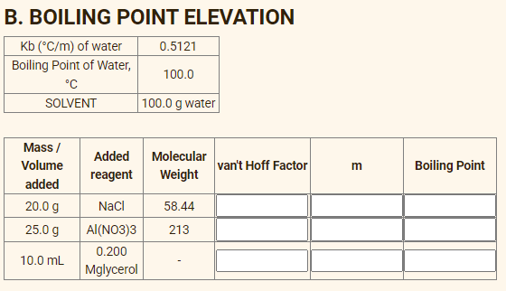 B. BOILING POINT ELEVATION
Kb (°C/m) of water
Boiling Point of Water,
0.5121
100.0
°C
SOLVENT
100.0 g water
Mass /
Added
Molecular
Volume
van't Hoff Factor
Boiling Point
m
reagent
Weight
added
20.0 g
Naci
58.44
25.0 g
Al(NO3)3
213
0.200
10.0 mL
Mglycerol

