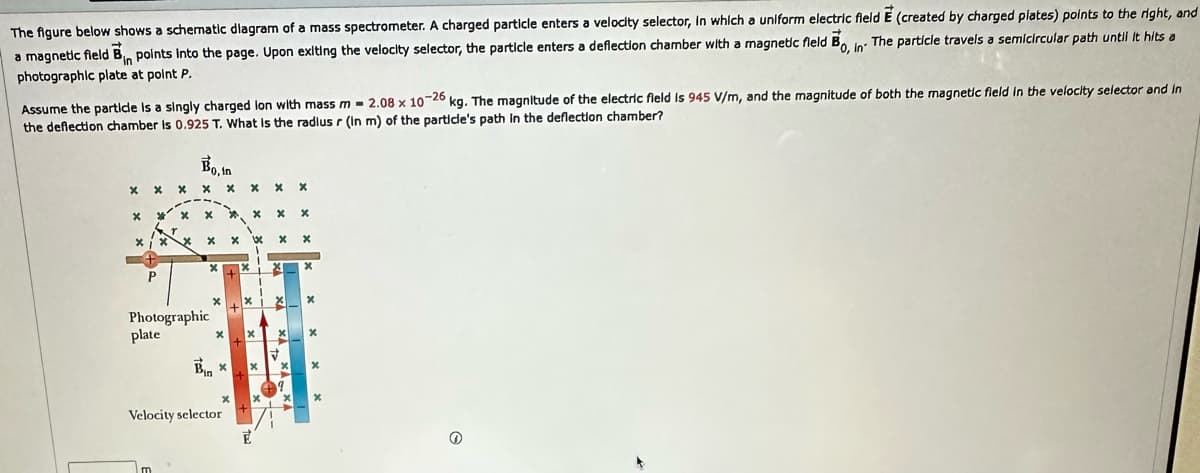 The figure below shows a schematic diagram of a mass spectrometer. A charged particle enters a velocity selector, in which a uniform electric field E (created by charged plates) points to the right, and
a magnetic field Bin points into the page. Upon exiting the velocity selector, the particle enters a deflection chamber with a magnetic field Bo, in The particle travels a semicircular path until it hits a
photographic plate at point P.
Assume the partide is a singly charged lon with mass m = 2.08 x 10-26 kg. The magnitude of the electric field is 945 V/m, and the magnitude of both the magnetic field in the velocity selector and in
the deflection chamber Is 0.925 T. What is the radius r (in m) of the particle's path in the deflection chamber?
x
x
m
*
Bo, in
X
x
x
X
x x
X
31
Photographic
plate
Bin x
x
Velocity selector
X x
x x