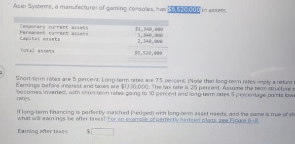 Acer Systems, a manufacturer of gaming consoles, has $5,520,000 in assets.
Temporary current assets
Permanent current assets
Capital assets
Total assets
$1,340,000
1,840,000
2,340,000
$5,520,000
Short-term rates are 5 percent. Long-term rates are 7.5 percent. (Note that long-term rates imply a return
Earnings before interest and taxes are $1,130,000. The tax rate is 25 percent. Assume the term structure a
becomes inverted, with short-term rates going to 10 percent and long-term rates 5 percentage points lowe
rates.
If long-term financing is perfectly matched (hedged) with long-term asset needs, and the same is true of sh
what will earnings be after taxes? For an example of perfectly hedged plans, see Figure 6-8.
Earning after taxes
$