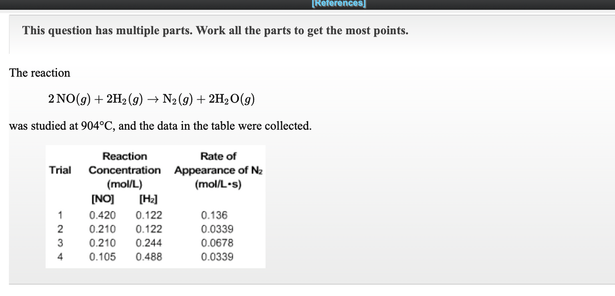 [References]
This question has multiple parts. Work all the parts to get the most points.
The reaction
2 NO(g) + 2H2 (9) → N2 (g) + 2H20(g)
was studied at 904°C, and the data in the table were collected.
Reaction
Rate of
Concentration Appearance of Nz
(mol/L)
[NO]
Trial
(mol/L-s)
[Hz]
1
0.420
0.122
0.136
0.210
0.122
0.0339
3
0.210
0.244
0.0678
4
0.105
0.488
0.0339
