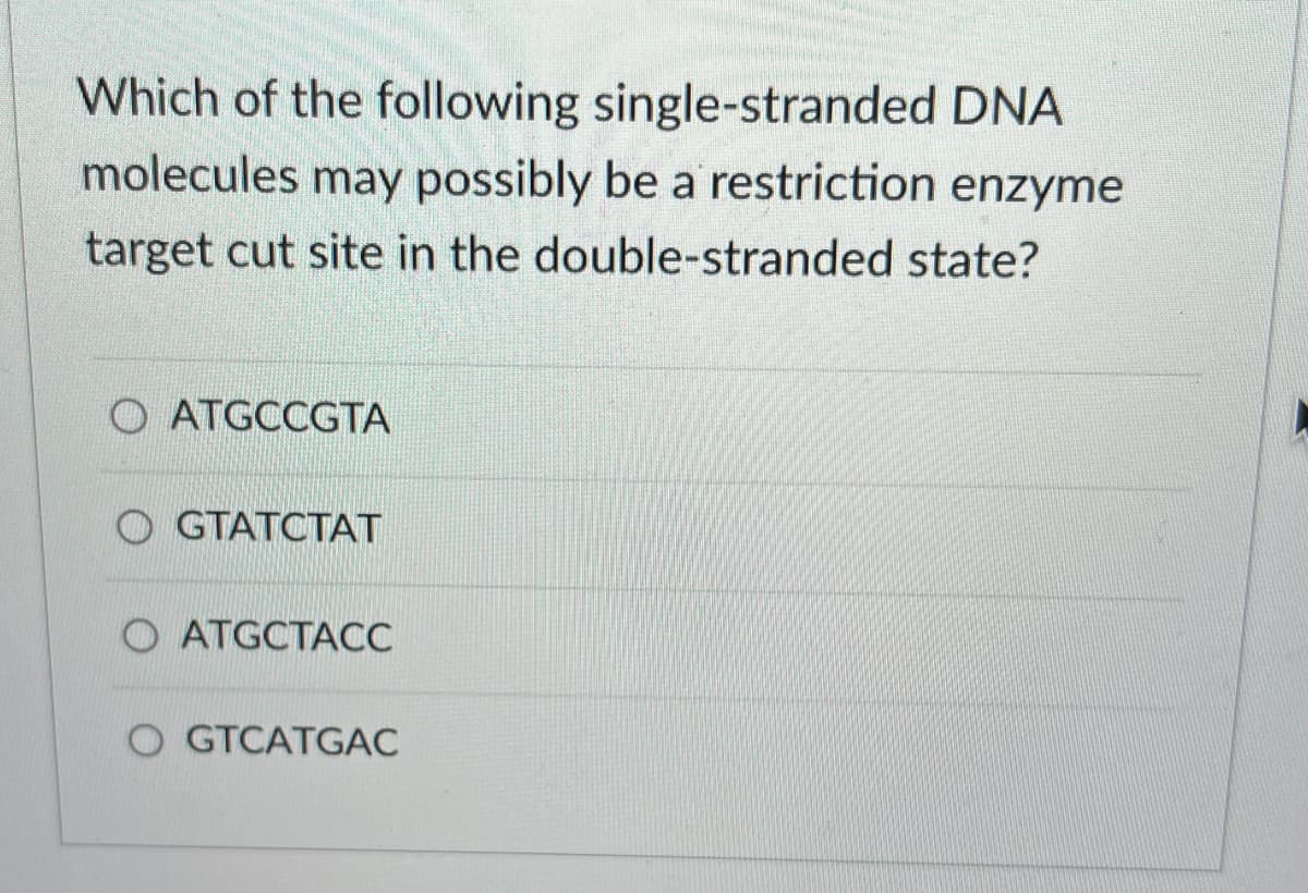 Which of the following single-stranded DNA
molecules may possibly be a restriction enzyme
target cut site in the double-stranded state?
O ATGCCGTA
GTATCTAT
OATGCTACC
OGTCATGAC