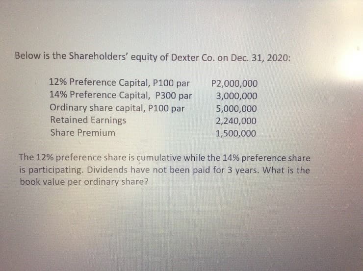 Below is the Shareholders' equity of Dexter Co. on Dec. 31, 2020:
12% Preference Capital, P100 par
14% Preference Capital, P300 par
Ordinary share capital, P100 par
Retained Earnings
Share Premium
P2,000,000
3,000,000
5,000,000
2,240,000
1,500,000
The 12% preference share is cumulative while the 14% preference share
is participating. Dividends have not been paid for 3 years. What is the
book value per ordinary share?
