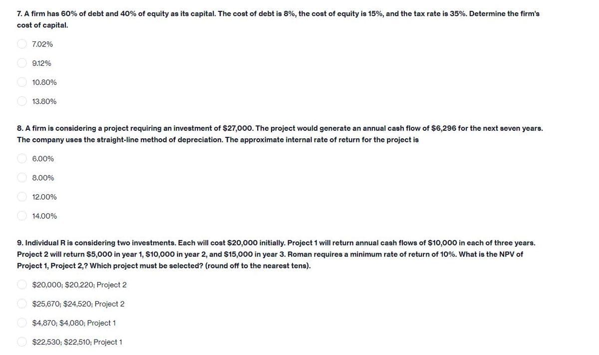 7. A firm has 60% of debt and 40% of equity as its capital. The cost of debt is 8%, the cost of equity is 15%, and the tax rate is 35%. Determine the firm's
cost of capital.
O 7.02%
9.12%
10.80%
13.80%
8. A firm is considering a project requiring an investment of $27,000. The project would generate an annual cash flow of $6,296 for the next seven years.
The company uses the straight-line method of depreciation. The approximate internal rate of return for the project is
6.00%
8.00%
12.00%
14.00%
9. Individual R is considering two investments. Each will cost $20,000 initially. Project 1 will return annual cash flows of $10,000 in each of three years.
Project 2 will return $5,000 in year 1, $10,000 in year 2, and $15,000 in year 3. Roman requires a minimum rate of return of 10%. What is the NPV of
Project 1, Project 2,? Which project must be selected? (round off to the nearest tens).
O $20,000; $20,220; Project 2
$25,670; $24,520; Project 2
$4,870; $4,080; Project 1
$22,530; $22,510; Project 1
