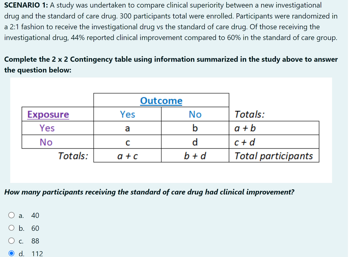 SCENARIO 1: A study was undertaken to compare clinical superiority between a new investigational
drug and the standard of care drug. 300 participants total were enrolled. Participants were randomized in
a 2:1 fashion to receive the investigational drug vs the standard of care drug. Of those receiving the
investigational drug, 44% reported clinical improvement compared to 60% in the standard of care group.
Complete the 2 x 2 Contingency table using information summarized in the study above to answer
the question below:
Exposure
Yes
No
a. 40
O b. 60
O c. 88
Totals:
d. 112
Yes
a
C
a+c
Outcome
No
b
d
b+d
How many participants receiving the standard of care drug had clinical improvement?
Totals:
a+b
c+d
Total participants