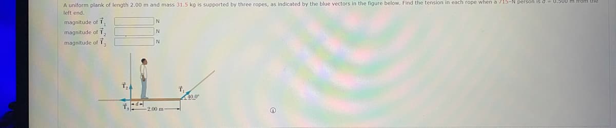 A uniform plank of length 2.00 m and mass 31.5 kg is supported by three ropes, as indicated by the blue vectors in the figure below. Find the tension in each rope when a 715-N persón is d -
left end.
magnitude of T.
N
magnitude of T,
magnitude of T,
N
40.0°
2.00 m
