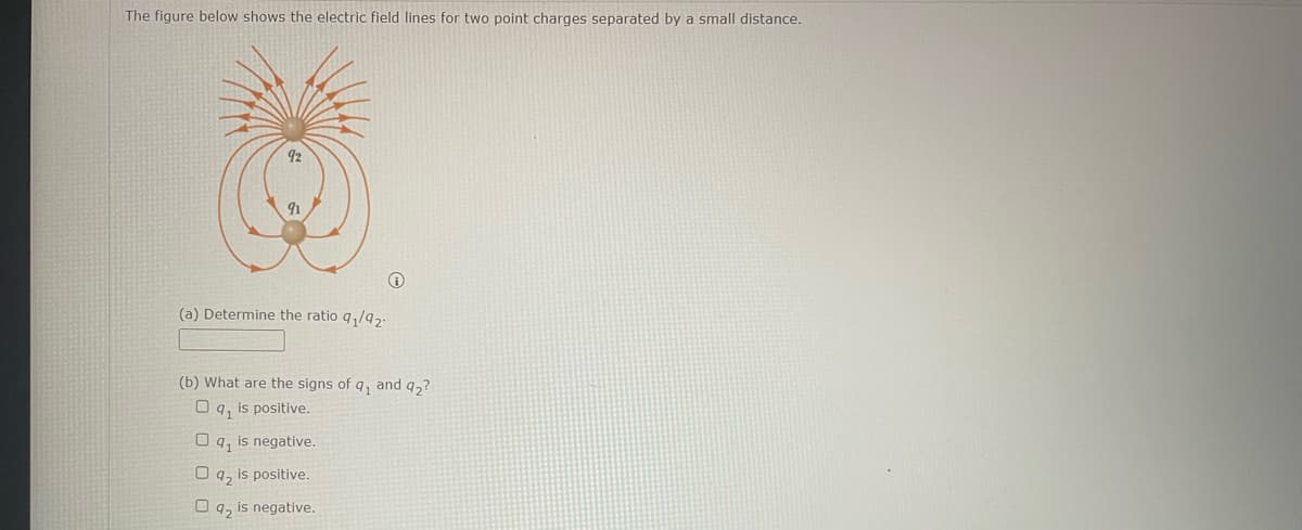 The figure below shows the electric field lines for two point charges separated by a small distance.
92
(a) Determine the ratio q₁/92-
Ⓡ
(b) What are the signs of q, and q2?
O q₁ is positive.
q₁ is negative.
92
is positive.
92 is negative.