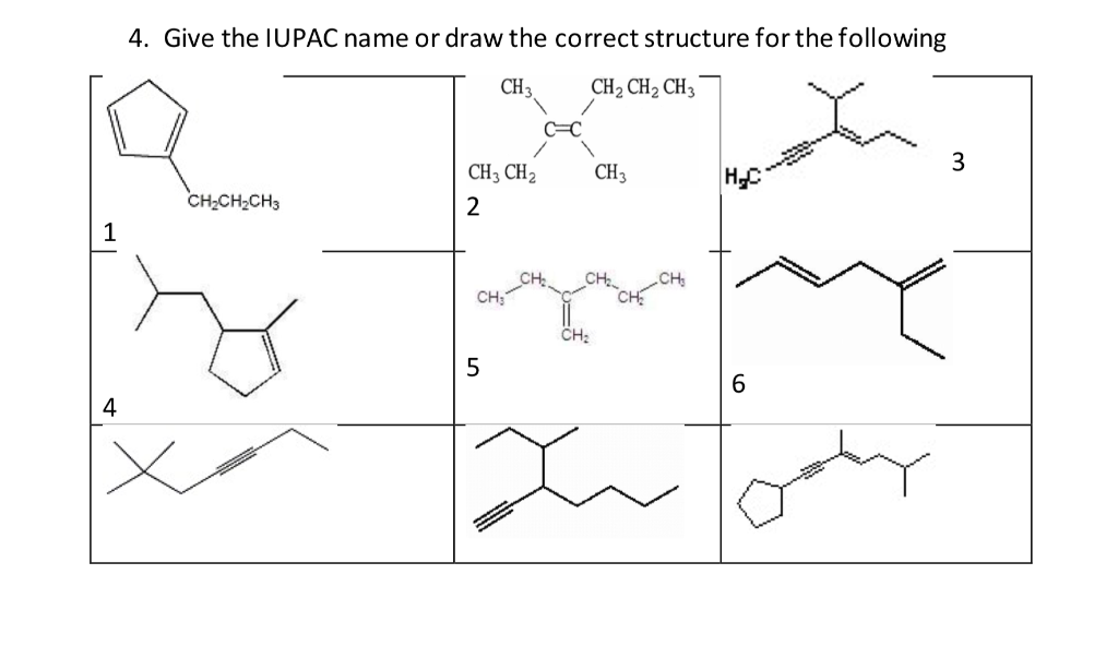 4. Give the IUPAC name or draw the correct structure for the following
CH2 CH2 CH3
3
CH3 CH2
CH3
CH;CH2CH3
1
CH
CH;
CH:
4
