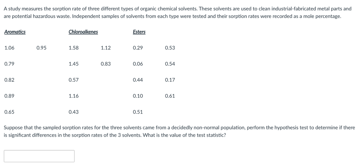 A study measures the sorption rate of three different types of organic chemical solvents. These solvents are used to clean industrial-fabricated metal parts and
are potential hazardous waste. Independent samples of solvents from each type were tested and their sorption rates were recorded as a mole percentage.
Aromatics
Chloroalkenes
Esters
1.06
0.95
1.58
1.12
0.29
0.53
0.79
1.45
0.83
0.06
0.54
0.82
0.57
0.44
0.17
0.89
1.16
0.10
0.61
0.65
0.43
0.51
Suppose that the sampled sorption rates for the three solvents came from a decidedly non-normal population, perform the hypothesis test to determine if there
is significant differences in the sorption rates of the 3 solvents. What is the value of the test statistic?
