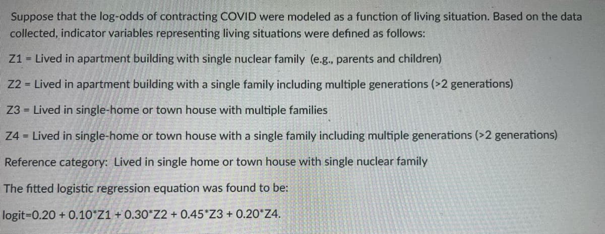 Suppose that the log-odds of contracting COVID were modeled as a function of living situation. Based on the data
collected, indicator variables representing living situations were defined as follows:
Z1 = Lived in apartment building with single nuclear family (e.g., parents and children)
Z2 = Lived in apartment building with a single family including multiple generations (>2 generations)
Z3 = Lived in single-home or town house with multiple families
Z4 = Lived in single-home or town house with a single family including multiple generations (>2 generations)
Reference category: Lived in single home or town house with single nuclear family
The fitted logistic regression equation was found to be:
logit-0.20 +0.10 Z1 + 0.30*Z2 + 0.45*Z3+ 0.20*Z4.
