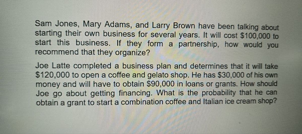 Sam Jones, Mary Adams, and Larry Brown have been talking about
starting their own business for several years. It will cost $100,000 to
start this business. If they form a partnership, how would you
recommend that they organize?
Joe Latte completed a business plan and determines that it will take
$120,000 to open a coffee and gelato shop. He has $30,000 of his own
money and will have to obtain $90,000 in loans or grants. How should
Joe go about getting financing. What is the probability that he can
obtain a grant to start a combination coffee and Italian ice cream shop?