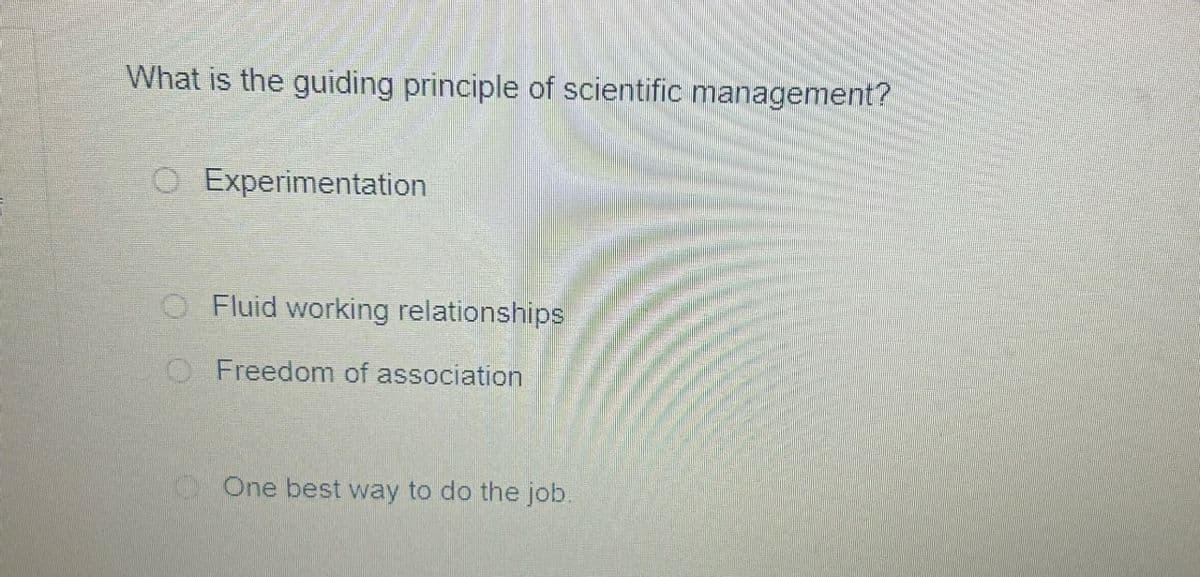 What is the guiding principle of scientific management?
O Experimentation
OFluid working relationships
Freedom of association
One best way to do the job.