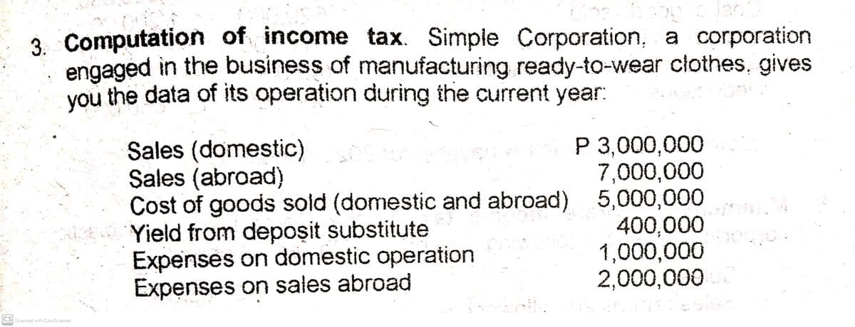 3. Computation of income tax. Simple Corporation, a corporation
engaged in the business of manufacturing ready-to-wear clothes, gives
you the data of its operation during the current year:
P 3,000,000
7,000,000
Sales (domestic)
Sales (abroad)
Cost of goods sold (domestic and abroad) 5,000,000
t Yield from depoșit substitute
Expenses on domestic operation
Expenses on sales abroad
400,000
1,000,000
2,000,000
CS Scanned with CamScanner
