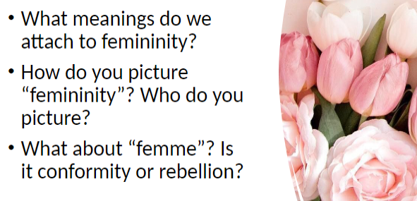What meanings do we
attach to femininity?
• How do you picture
"femininity"? Who do you
picture?
What about "femme"? Is
it conformity or rebellion?