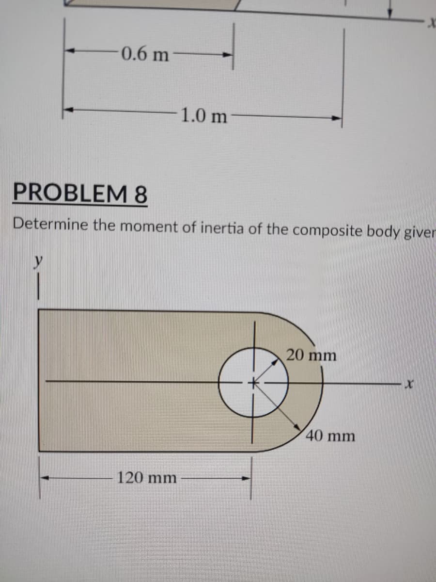 0.6 m
1.0 m-
PROBLEM 8
Determine the moment of inertia of the composite body giver
20 mm
X
120 mm
40 mm