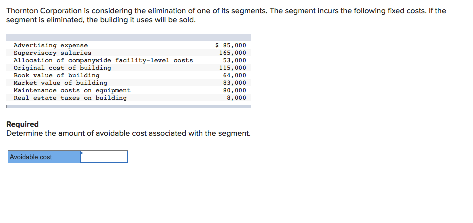 Thornton Corporation is considering the elimination of one of its segments. The segment incurs the following fixed costs. If the
segment is eliminated, the building it uses will be sold.
$ 85,000
165,000
53,000
Advertising expense
Supervisory salaries
Allocation of companywide facility-level costs
Original cost of building
Book value of building
Market value of building
Maintenance costs on equipment
Real estate taxes on building
115,000
64,000
83,000
80,000
8,000
Required
Determine the amount of avoidable cost associated with the segment.
Avoidable cost
