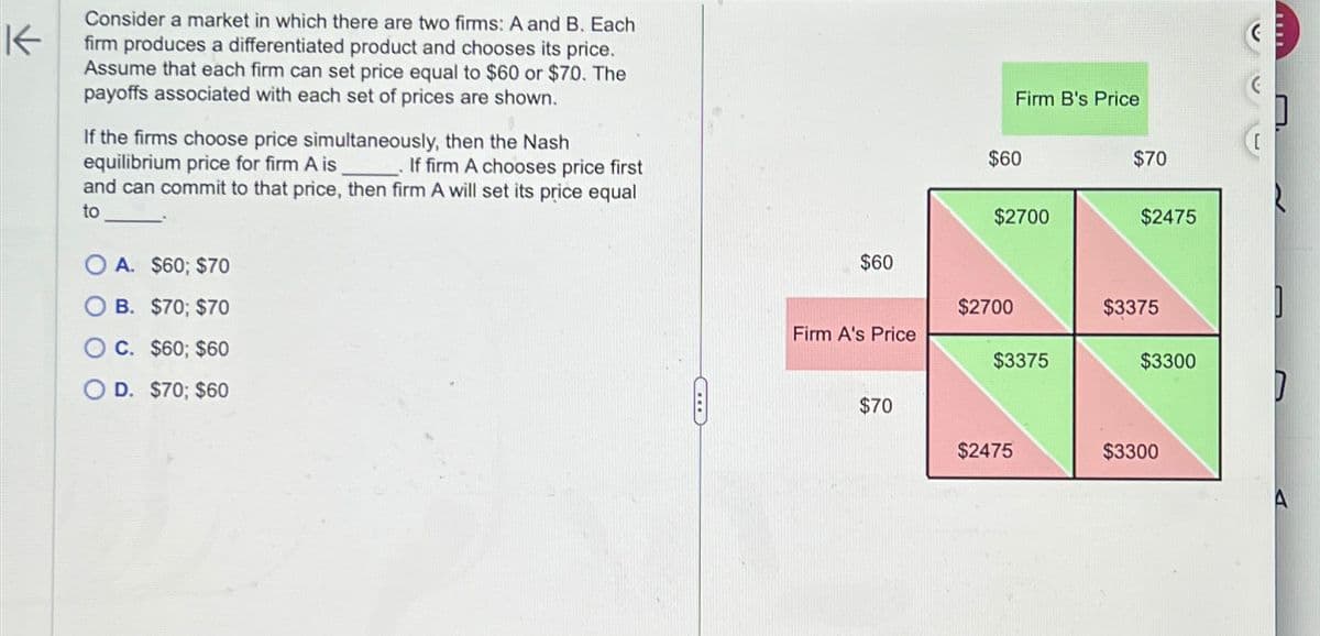 K
Consider a market in which there are two firms: A and B. Each
firm produces a differentiated product and chooses its price.
Assume that each firm can set price equal to $60 or $70. The
payoffs associated with each set of prices are shown.
If the firms choose price simultaneously, then the Nash
equilibrium price for firm A is
If firm A chooses price first
and can commit to that price, then firm A will set its price equal
to
OA. $60; $70
OB. $70; $70
OC. $60; $60
OD. $70; $60
C
Firm B's Price
[
$60
$70
$2700
$2475
$60
$2700
$3375
]
Firm A's Price
$3375
$3300
$70
$2475
$3300