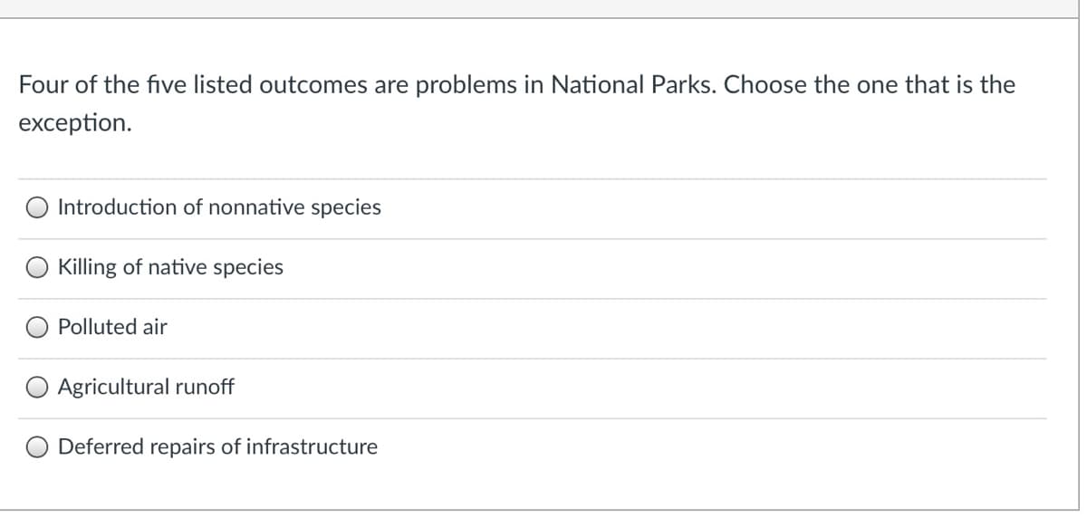 Four of the five listed outcomes are problems in National Parks. Choose the one that is the
exception.
Introduction of nonnative species
Killing of native species
Polluted air
Agricultural runoff
Deferred repairs of infrastructure
