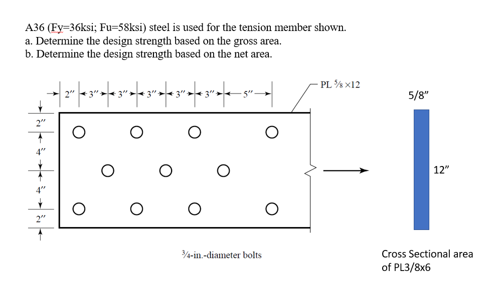 A36 (Fy=36ksi; Fu=58ksi) steel is used for the tension member shown.
a. Determine the design strength based on the gross area.
b. Determine the design strength based on the net area.
PL % x12
2"
3">
3" >
3"
3">
5"
5/8"
2"
4"
12"
4"
2"
Cross Sectional area
of PL3/8x6
34-in.-diameter bolts
