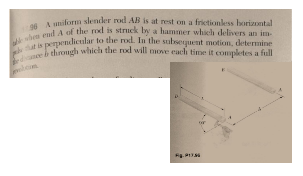 196 A uniform slender rod AB is at rest on a frictionless horizontal
table when end A of the rod is struck by a hammer which delivers an im-
that is perpendicular to the rod. In the subsequent motion, determine
distance b through which the rod will move each time it completes a full
revolution.
Fig. P17.96
B