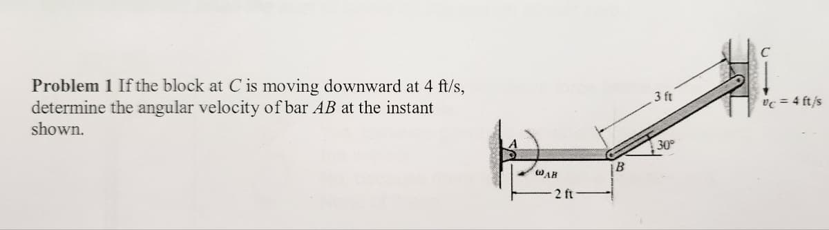 Problem 1 If the block at C is moving downward at 4 ft/s,
determine the angular velocity of bar AB at the instant
shown.
@AB
2 ft
3 ft
30°
C
vc = 4 ft/s