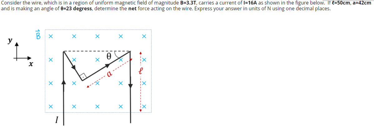 Consider the wire, which is in a region of uniform magnetic field of magnitude B=3.3T, carries a current of I=16A as shown in the figure below. If e=50cm, a=42cm
and is making an angle of 8=23 degress, determine the net force acting on the wire. Express your answer in units of N using one decimal places.
B x
I
