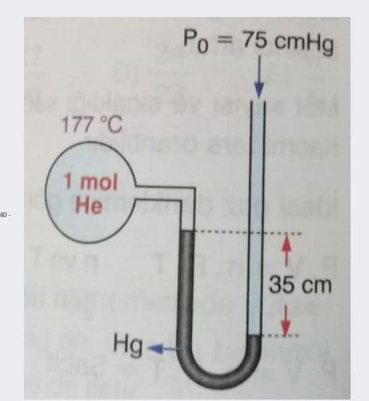 Po = 75 cmHg
%3D
177 °C
1 mol
Не
40 -
35 cm
Hg
