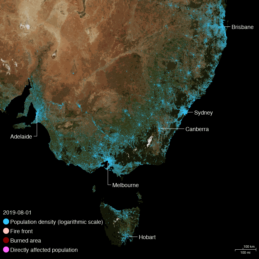 Adelaide
2019-08-01
Population density (logarithmic scale)
Fire front
Burned area
Directly affected population
- Melbourne
Hobart
-Sydney
Canberra
Brisbane
100 km
100 mi
