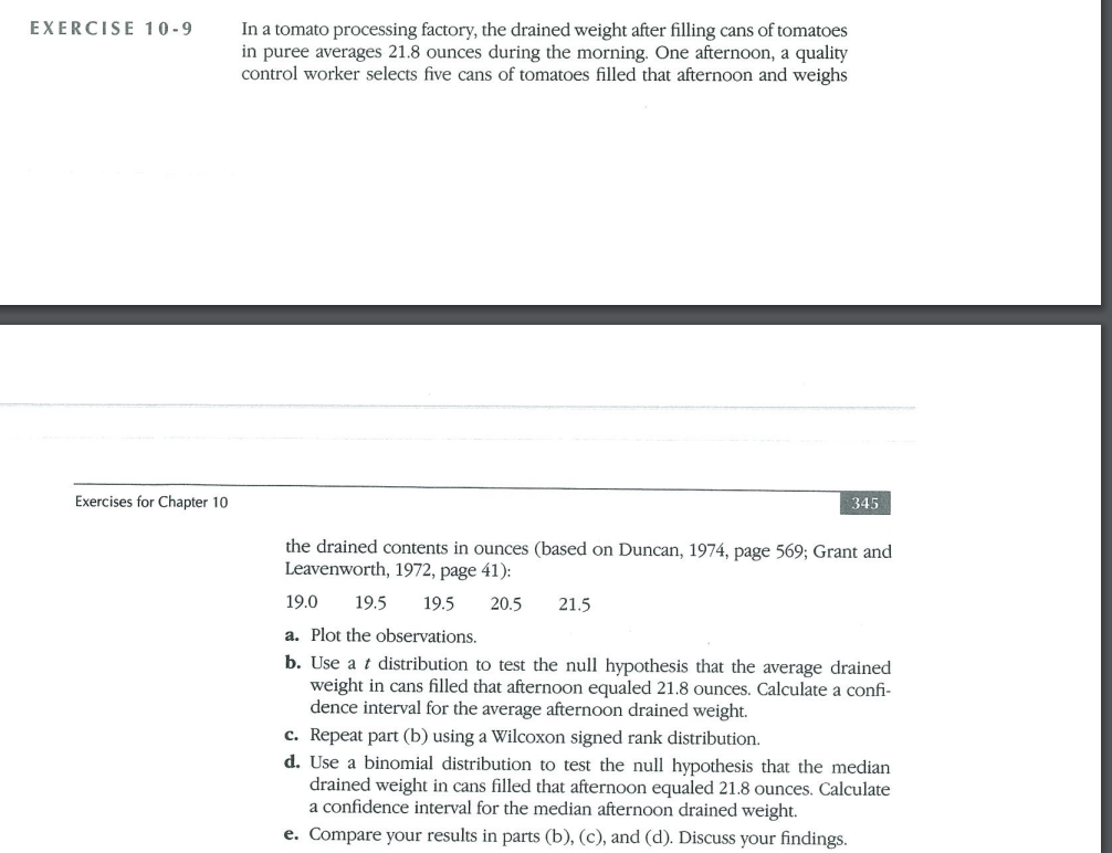 EXERCISE 10-9
Exercises for Chapter 10
In a tomato processing factory, the drained weight after filling cans of tomatoes
in puree averages 21.8 ounces during the morning. One afternoon, a quality
control worker selects five cans of tomatoes filled that afternoon and weighs
345
the drained contents in ounces (based on Duncan, 1974, page 569; Grant and
Leavenworth, 1972, page 41):
19.0 19.5 19.5 20.5 21.5
a. Plot the observations.
b. Use at distribution to test the null hypothesis that the average drained
weight in cans filled that afternoon equaled 21.8 ounces. Calculate a confi-
dence interval for the average afternoon drained weight.
c. Repeat part (b) using a Wilcoxon signed rank distribution.
d. Use a binomial distribution to test the null hypothesis that the median
drained weight in cans filled that afternoon equaled 21.8 ounces. Calculate
a confidence interval for the median afternoon drained weight.
e. Compare your results in parts (b), (c), and (d). Discuss your findings.