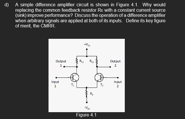 d) A simple difference amplifier circuit is shown in Figure 4.1. Why would
replacing the common feedback resistor RE with a constant current source
(sink) improve performance? Discuss the operation of a difference amplifier
when arbitrary signals are applied at both of its inputs. Define its key figure
of merit, the CMRR.
Output
1
Input
1
T₂
Ra
Ra
-VEE
Figure 4.1
L
Output
2
Input
2