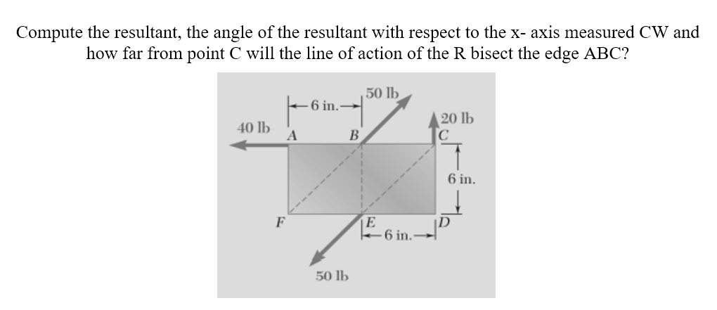 Compute the resultant, the angle of the resultant with respect to the x- axis measured CW and
how far from point C will the line of action of the R bisect the edge ABC?
50 lb
6 in.
40 lb
A
20 lb
C
В
6 in.
F
D
E
6 in.
50 lb
