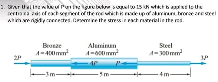 1. Given that the value of P on the figure below is equal to 15 kN which is applied to the
centroidal axis of each segment of the rod which is made up of aluminum, bronze and steel
which are rigidly connected. Determine the stress in each material in the rod.
Steel
A=300 mm2
Bronze
Aluminum
A=400 mm2
A=600 mm2
2P
ЗР
4P
P
3m+
5 m
4 m-
