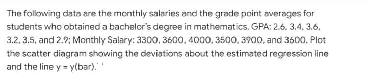 The following data are the monthly salaries and the grade point averages for
students who obtained a bachelor's degree in mathematics. GPA: 2.6, 3.4, 3.6,
3.2, 3.5, and 2.9; Monthly Salary: 330o, 3600, 4000, 3500, 3900, and 3600. Plot
the scatter diagram showing the deviations about the estimated regression line
and the line y = y(bar).
