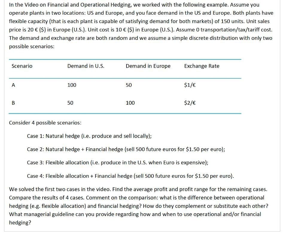 In the Video on Financial and Operational Hedging, we worked with the following example. Assume you
operate plants in two locations: US and Europe, and you face demand in the US and Europe. Both plants have
flexible capacity (that is each plant is capable of satisfying demand for both markets) of 150 units. Unit sales
price is 20 € ($) in Europe (U.S.). Unit cost is 10 € ($) in Europe (U.S.). Assume 0 transportation/tax/tariff cost.
The demand and exchange rate are both random and we assume a simple discrete distribution with only two
possible scenarios:
Scenario
A
B
Demand in U.S.
Demand in Europe
Exchange Rate
100
50
$1/€
50
100
$2/€
Consider 4 possible scenarios:
Case 1: Natural hedge (i.e. produce and sell locally);
Case 2: Natural hedge + Financial hedge (sell 500 future euros for $1.50 per euro);
Case 3: Flexible allocation (i.e. produce in the U.S. when Euro is expensive);
Case 4: Flexible allocation + Financial hedge (sell 500 future euros for $1.50 per euro).
We solved the first two cases in the video. Find the average profit and profit range for the remaining cases.
Compare the results of 4 cases. Comment on the comparison: what is the difference between operational
hedging (e.g. flexible allocation) and financial hedging? How do they complement or substitute each other?
What managerial guideline can you provide regarding how and when to use operational and/or financial
hedging?