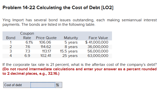 Problem 14-22 Calculating the Cost of Debt [LO2]
Ying Import has several bond issues outstanding, each making semiannual interest
payments. The bonds are listed in the following table.
Coupon
Bond
Rate
Price Quote
Maturity
Face Value
1
6.1%
106.06
5 years
$ 41,000,000
234
7.6
114.62
8 years
36,000,000
7.3
113.17
15.5 years
56,000,000
6.9
102.41
25 years
63,000,000
If the corporate tax rate is 21 percent, what is the aftertax cost of the company's debt?
(Do not round intermediate calculations and enter your answer as a percent rounded
to 2 decimal places, e.g., 32.16.)
Cost of debt
%