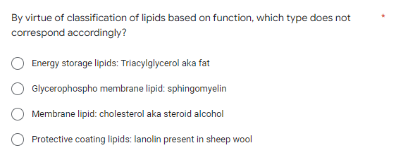 By virtue of classification of lipids based on function, which type does not
correspond accordingly?
Energy storage lipids: Triacylglycerol aka fat
Glycerophospho membrane lipid: sphingomyelin
Membrane lipid: cholesterol aka steroid alcohol
Protective coating lipids: lanolin present in sheep wool