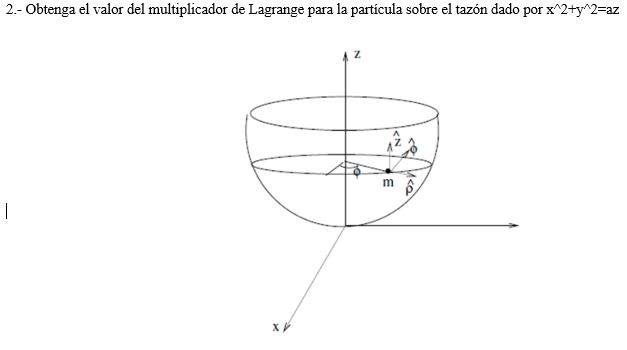 2.- Obtenga el valor del multiplicador de Lagrange para la particula sobre el tazón dado por x^2+y^2=az
|
хи
Z
m