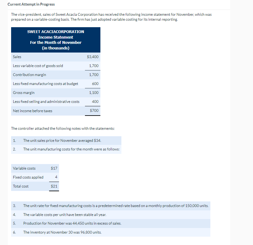 Current Attempt in Progress
The vice-president, sales of Sweet Acacia Corporation has received the following income statement for November, which was
prepared on a variable-costing basis. The firm has just adopted variable costing for its internal reporting.
Sales
Less variable cost of goods sold
Contribution margin
Less fixed manufacturing costs at budget
Gross margin
Less fixed selling and administrative costs
Net income before taxes
1.
2.
SWEET ACACIACORPORATION
Income Statement
3.
For the Month of November
(in thousands)
4.
Variable costs
Fixed costs applied
Total cost
5.
The controller attached the following notes with the statements:
6.
$17
$3,400
1,700
1,700
4
600
$21
1,100
The unit sales price for November averaged $34.
The unit manufacturing costs for the month were as follows:
400
$700
The unit rate for fixed manufacturing costs is a predetermined rate based on a monthly production of 150,000 units.
The variable costs per unit have been stable all year.
Production for November was 44,450 units in excess of sales.
The inventory at November 30 was 96,800 units.