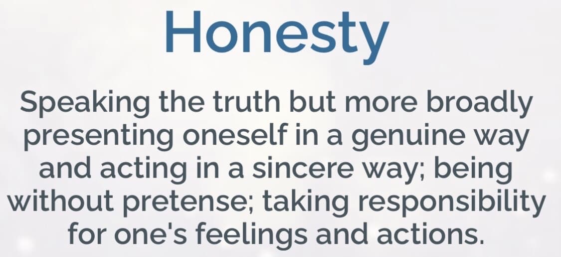 Honesty
Speaking the truth but more broadly
presenting oneself in a genuine way
and acting in a sincere way; being
without pretense; taking responsibility
for one's feelings and actions.