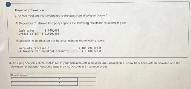 Required information
[The following information applies to the questions displayed below.]
At December 31, Hawke Company reports the following results for its calendar year.
Cash sales $ 640,000
Credit sales $ 1,600,000
In addition, its unadjusted trial balance includes the following items.
Accounts receivable
Allowance for doubtful accounts
$ 480,000 debit
$ 5,800 debit
3. An aging analysis estimates that 6% of year-end accounts receivable are uncollectible. Show how Accounts Receivable and the
Allowance for Doubtful Accounts appear on its December 31 balance sheet.
Current assets:
