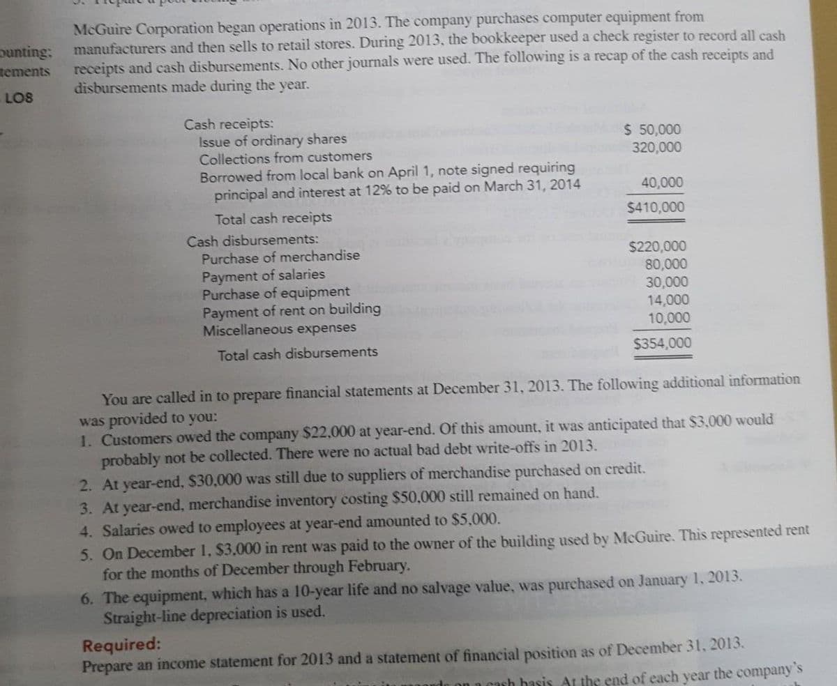 McGuire Corporation began operations in 2013. The company purchases computer equipment from
ounting:
manufacturers and then sells to retail stores. During 2013, the bookkeeper used a check register to record all cash
tements receipts and cash disbursements. No other journals were used. The following is a recap of the cash receipts and
disbursements made during the year.
LOS
Cash receipts:
Issue of ordinary shares
Collections from customers
Borrowed from local bank on April 1, note signed requiring
principal and interest at 12% to be paid on March 31, 2014
Total cash receipts
Cash disbursements:
Purchase of merchandise
Payment of salaries
Purchase of equipment
Payment of rent on building
Miscellaneous expenses
Total cash disbursements
$ 50,000
320,000
40,000
$410,000
$220,000
80,000
30,000
14,000
10,000
$354,000
You are called in to prepare financial statements at December 31, 2013. The following additional information
was provided to you:
1. Customers owed the company $22,000 at year-end. Of this amount, it was anticipated that $3,000 would
probably not be collected. There were no actual bad debt write-offs in 2013.
2. At year-end, $30,000 was still due to suppliers of merchandise purchased on credit.
3. At year-end, merchandise inventory costing $50,000 still remained on hand.
4. Salaries owed to employees at year-end amounted to $5,000.
5. On December 1, $3,000 in rent was paid to the owner of the building used by McGuire. This represented rent
for the months of December through February.
6. The equipment, which has a 10-year life and no salvage value, was purchased on January 1, 2013.
Straight-line depreciation is used.
Required:
Prepare an income statement for 2013 and a statement of financial position as of December 31, 2013.
cash basis. At the end of each year the company's