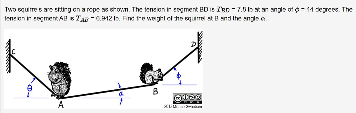 Two squirrels are sitting on a rope as shown. The tension in segment BD is TBD = 7.8 Ib at an angle of o = 44 degrees. The
tension in segment AB is TAB = 6.942 Ib. Find the weight of the squirrel at B and the angle a.
2013 Michael Swanbom
