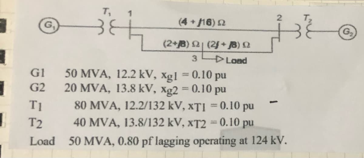 1
J
G₁
GI
G2
TI
T2
Load
3th
50 MVA, 12.2 kV, xgl = 0.10 pu
20 MVA, 13.8 kV, xg2 = 0.10 pu
(4+/16) 22
(2+8) 22 (2/+B) Q
3- Load
37
80 MVA, 12.2/132 kV, XTI = 0.10 pu
www
40 MVA, 13.8/132 kV, xT2 = 0.10 pu
50 MVA, 0.80 pf lagging operating at 124 kV.
