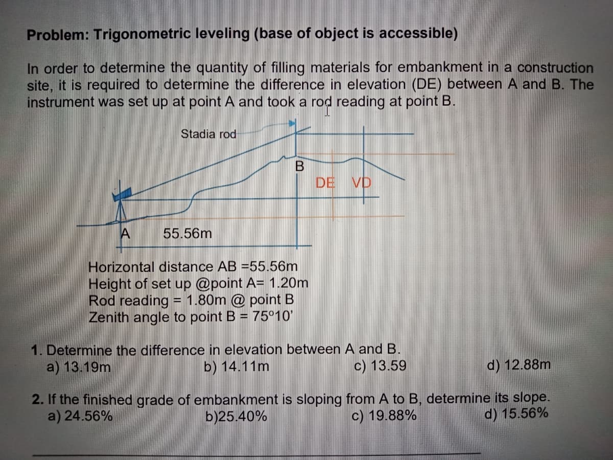 Problem: Trigonometric leveling (base of object is accessible)
In order to determine the quantity of filling materials for embankment in a construction
site, it is required to determine the difference in elevation (DE) between A and B. The
instrument was set up at point A and took a rod reading at point B.
Stadia rod
A
55.56m
B
Horizontal distance AB =55.56m
Height of set up @point A= 1.20m
Rod reading = 1.80m @ point B
Zenith angle to point B = 75°10'
DE VD
1. Determine the difference in elevation between A and B.
a) 13.19m
b) 14.11m
c) 13.59
d) 12.88m
2. If the finished grade of embankment is sloping from A to B, determine its slope.
a) 24.56%
b)25.40%
c) 19.88%
d) 15.56%