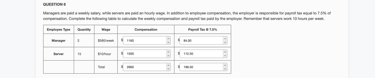 QUESTION 6
Managers are paid a weekly salary, while servers are paid an hourly wage. In addition to employee compensation, the employer is responsible for payroll tax equal to 7.5% of
compensation. Complete the following table to calculate the weekly compensation and payroll tax paid by the employer. Remember that servers work 10 hours per week.
Employee Type Quantity
Manager
Server
2
15
Wage
$580/week $
$10/hour
Total
1160
$ 1500
2660
Compensation
$
$
Payroll Tax @ 7.5%
84.00
112.50
196.50