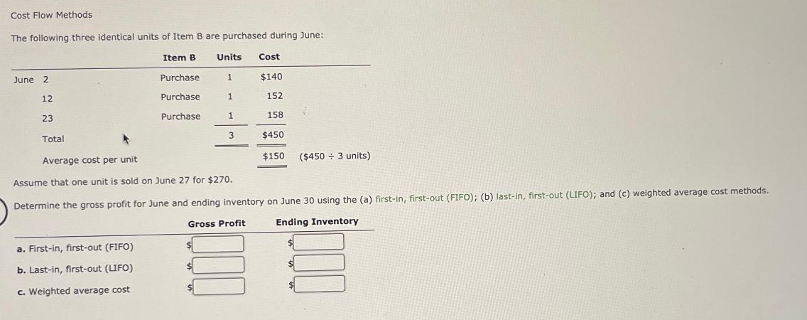 Cost Flow Methods
The following three identical units of Item B are purchased during June:
June 2
12
23
Total
Item B
a. First-in, first-out (FIFO)
b. Last-in, first-out (LIFO)
c. Weighted average cost
Purchase
Purchase
Purchase
Units
$
$
1
1
1
3
Cost
$140
152
158
Average cost per unit
Assume that one unit is sold on June 27 for $270.
Determine the gross profit for June and ending inventory on June 30 using the (a) first-in, first-out (FIFO); (b) last-in, first-out (LIFO); and (c) weighted average cost methods.
Gross Profit
Ending Inventory
$450
$150 ($450+ 3 units)
$