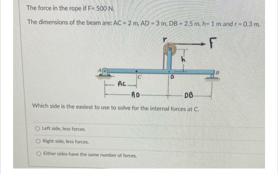 The force in the rope if F= 500 N.
The dimensions of the beam are: AC = 2 m, AD= 3 m, DB= 2.5 m, h= 1 m and r= 0.3 m.
F
Ac
PENDIDIK
C
AD
DB
Which side is the easiest to use to solve for the internal forces at C.
O Left side, less forces.
O Right side, less forces.
Either sides have the same number of forces.
B