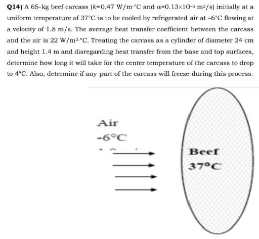 Q14) A 65-kg beef carcass (k-0.47 W/m °C and a-0.13x10-6 m²/s) initially at a
uniform temperature of 37°C is to be cooled by refrigerated air at -6°C flowing at
a velocity of 1.8 m/s. The average heat transfer coefficient between the carcass
and the air is 22 W/m2°C. Treating the carcass as a cylinder of diameter 24 cm
and height 1.4 m and disregarding heat transfer from the base and top surfaces,
determine how long it will take for the center temperature of the carcass to drop
to 4°C. Also, determine if any part of the carcass will freeze during this process.
Air
-6°C
Beef
37°C