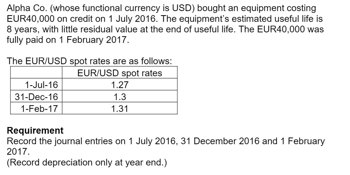Alpha Co. (whose functional currency is USD) bought an equipment costing
EUR40,000 on credit on 1 July 2016. The equipment's estimated useful life is
8 years, with little residual value at the end of useful life. The EUR40,000 was
fully paid on 1 February 2017.
The EUR/USD spot rates are as follows:
EUR/USD spot rates
1-Jul-16
31-Dec-16
1-Feb-17
1.27
1.3
1.31
Requirement
Record the journal entries on 1 July 2016, 31 December 2016 and 1 February
2017.
(Record depreciation only at year end.)
