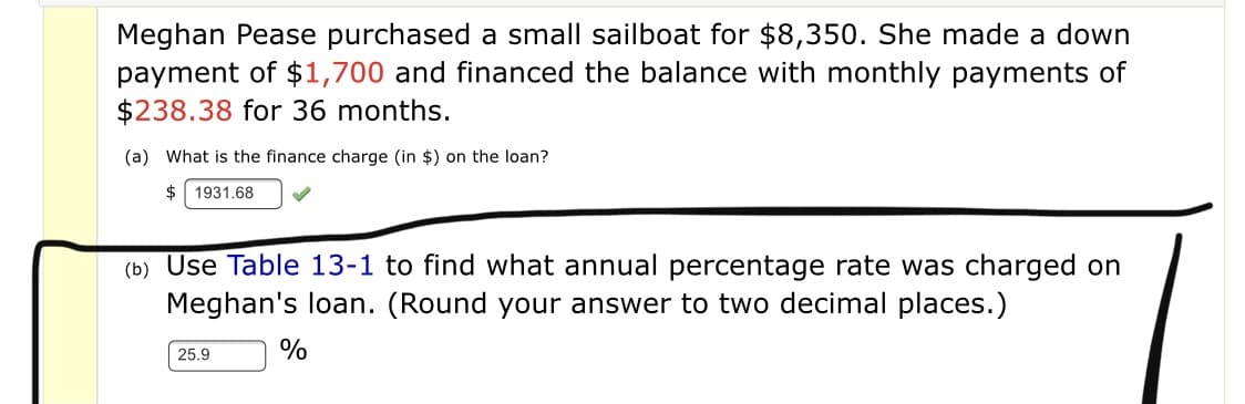 Meghan Pease purchased a small sailboat for $8,350. She made a down
payment of $1,700 and financed the balance with monthly payments of
$238.38 for 36 months.
(a) What is the finance charge (in $) on the loan?
2$
1931.68
(b) Use Table 13-1 to find what annual percentage rate was charged on
Meghan's loan. (Round your answer to two decimal places.)
25.9
%
