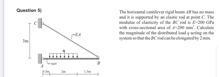 Question 5)
The horizantal cantilever rigid beam AB has no mass
and it is supported by an elastic rod at point C. The
modulus of elasticity of the BC rod is E=200 GPa
with cross-sectional area of 4=200 mm'. Calculate
the magnitude of the distributed load q acting on the
system so that the BC rod can be elongated by 2 mm.
FEA
3m
rigid
B
A
2m
1.5m
